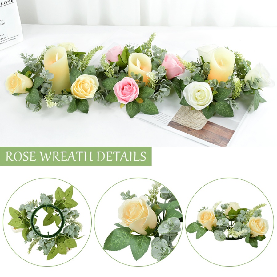 Artificial Rose Wreath Shaped  - Unity Candle Set 评论和价格